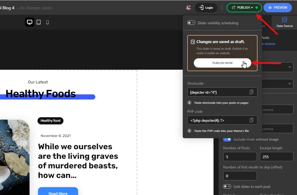 Publishing the slider