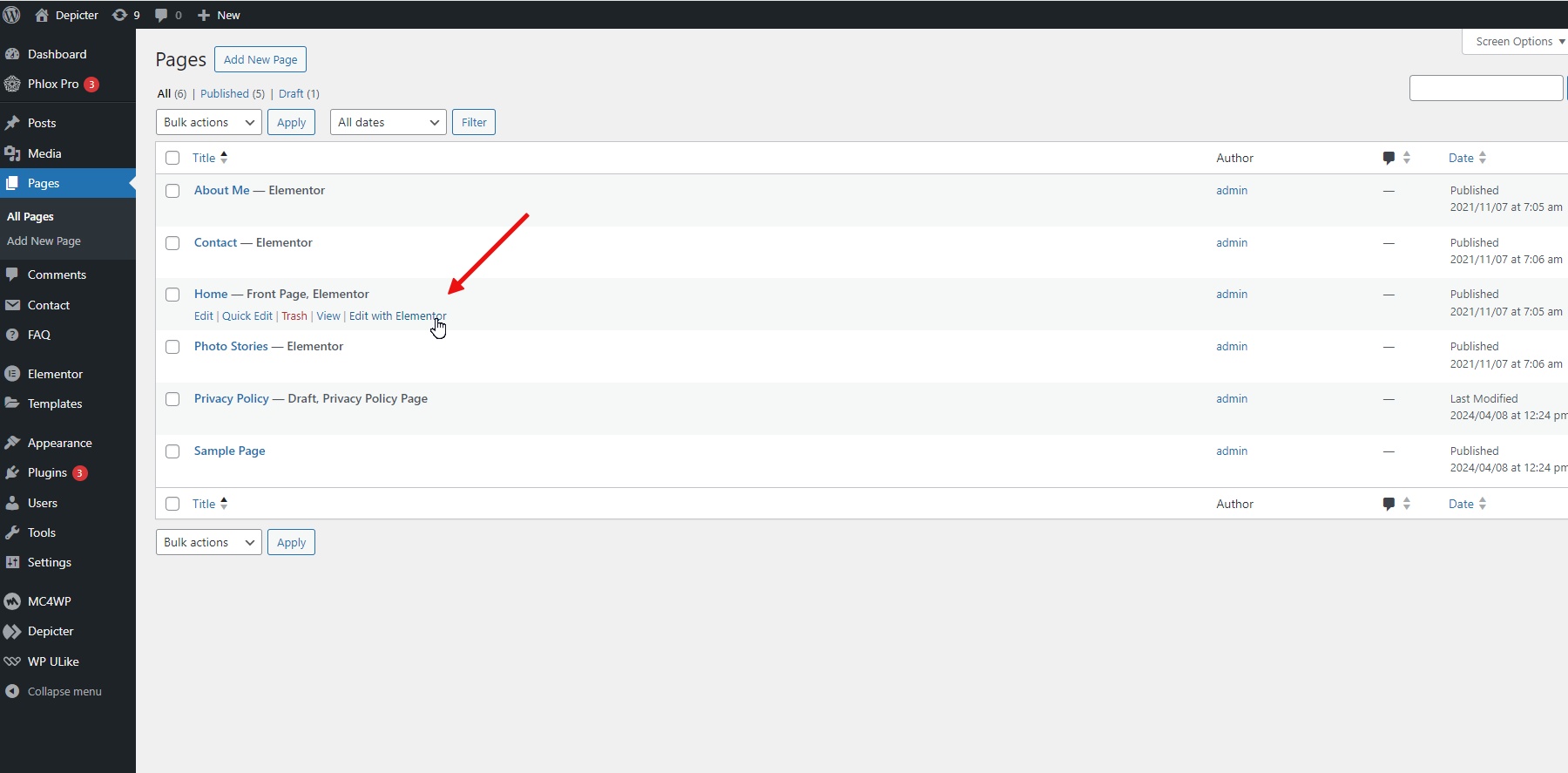 Editing the page with Elementor