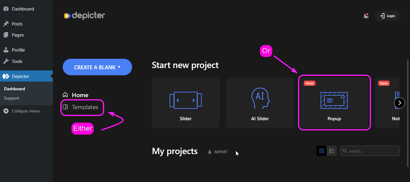 Choosing the pop-up category in Depicter dashboard