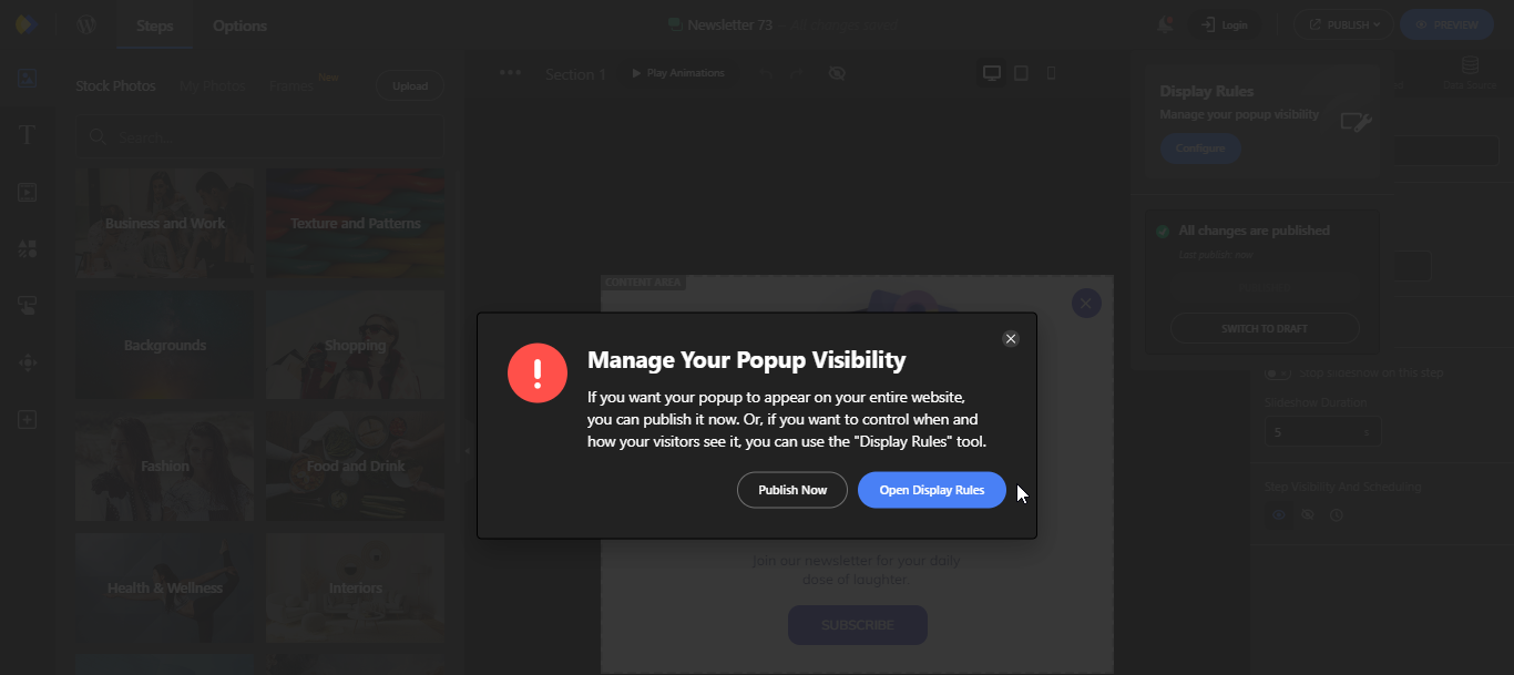 configuring display setting for popup for website in Depicter